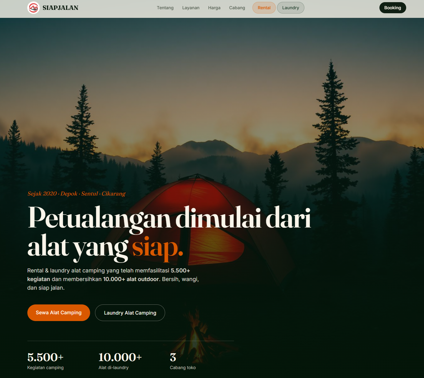 Company profile website mockup — camping rental brand